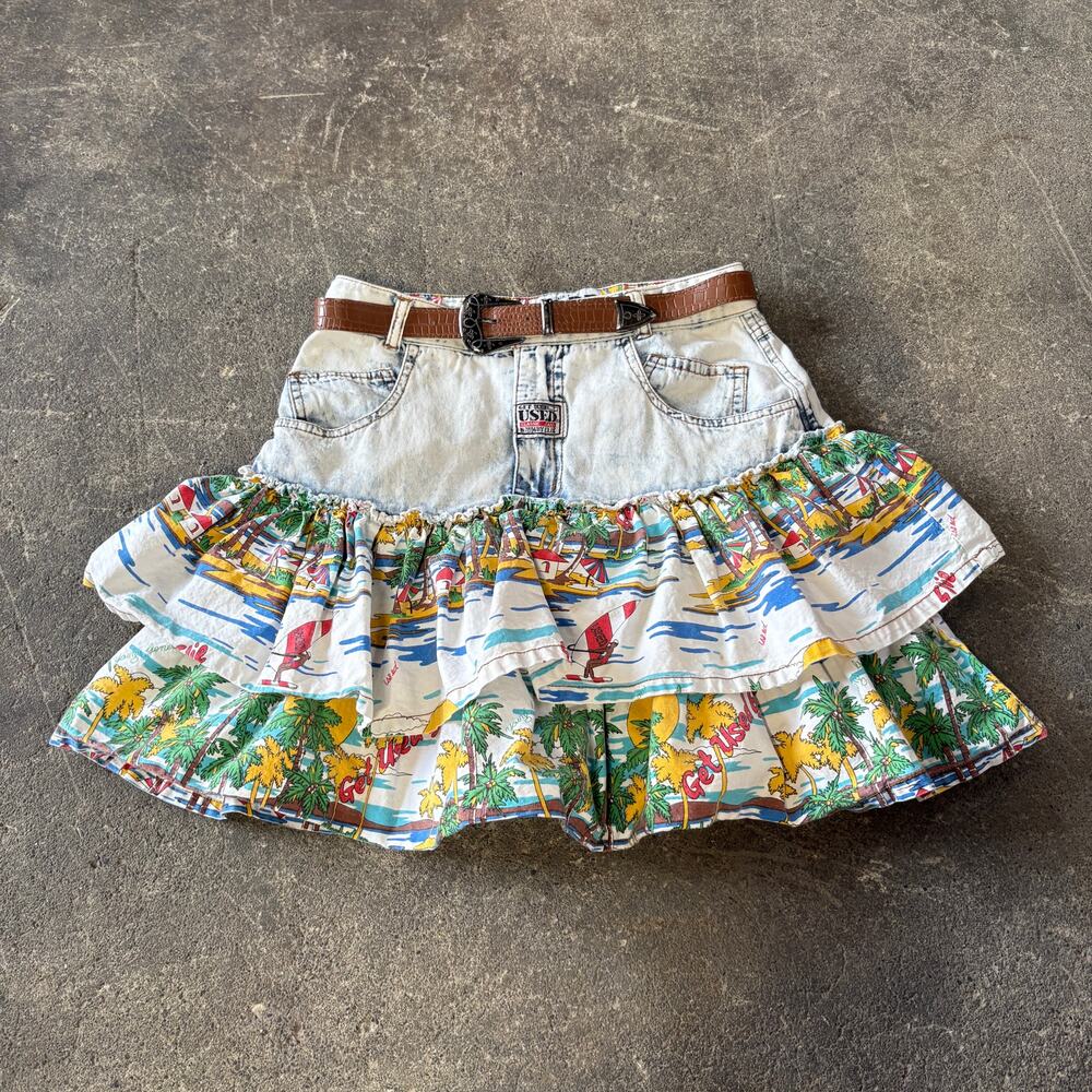 Vintage 80s Get Used by Elie Skirt Size 31 Blue Denim Hawaiian Cottage Waist 28